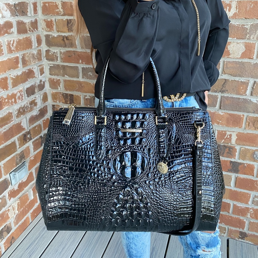Brahmin Black Croc-Embossed Leather Satchel - Picture 4 of 11